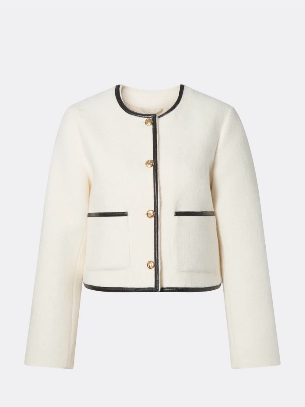 By Malina Cropped Cream Collarless Wool Jacket with Black Trim NWT
